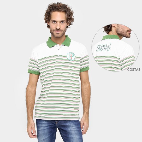 Camisa Polo Palestra Itália 1914 Listrada Masculina - Verde+Branco