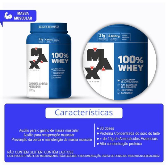 100% Whey 900 Gr Max e Coqueteleira Max Titanium