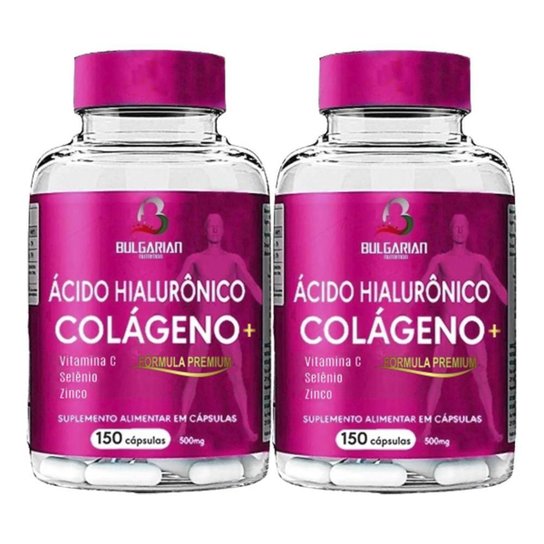 2 POTES DE COLÁGENO HIDROLISADO + ÁCIDO HIALURÕNICO COM VIT C + SELÊNIO + ZINCO 150 CÁPS 500MG