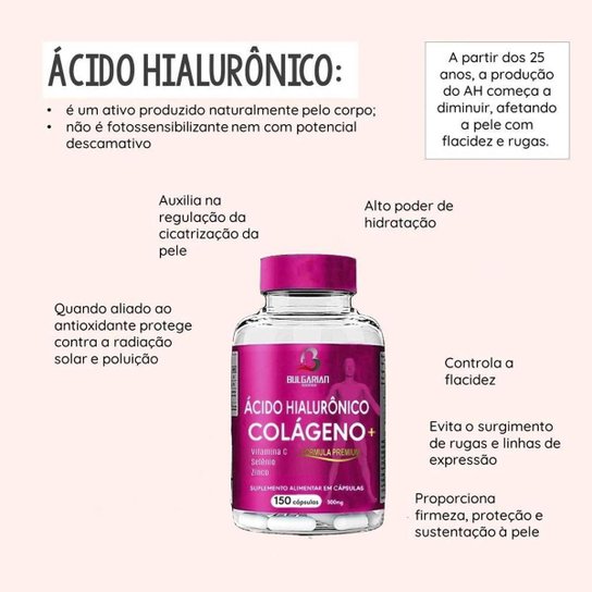 2 POTES DE COLÁGENO HIDROLISADO + ÁCIDO HIALURÕNICO COM VIT C + SELÊNIO + ZINCO 150 CÁPS 500MG