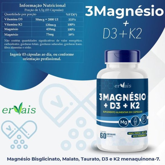 3 Magnésio - Malato + Taurato + Bisglicinato + D3 + K2 - 2 Frascos