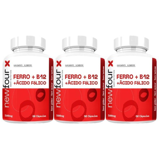 3x Ferro + Vitamina B12 + Ácido Folico 180 Cápsulas 500mg - New Four