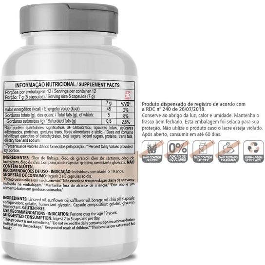 5 ÓLEOS - LINHAÇA, GIRASSOL, CÁRTAMO, BORRAGEM E CHIA 60 CÁPSULAS - CLINICMAIS