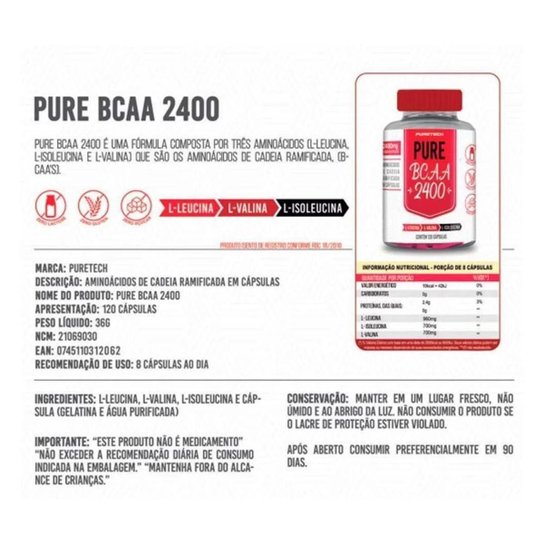 Bcaa Pure 2400 120 Cáps Puretech
