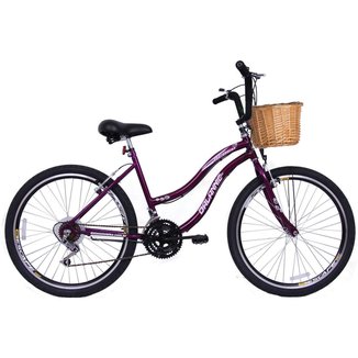 Bicicleta Aro 26 18 marchas com Cesta de Vime Beach - Violeta