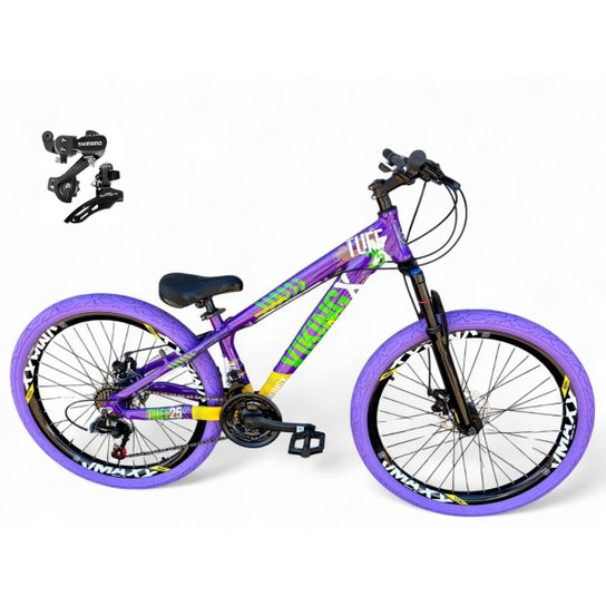 Bicicleta Aro 26 Vikingx Tuff Freeride Câmbios Shimano 21v Aros Vmaxx DH Freio a Disco Pneu Flame