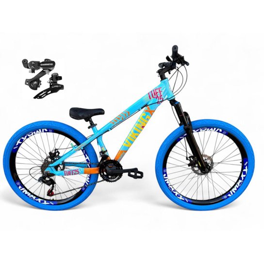 Bicicleta Aro 26 Vikingx Tuff Freeride Câmbios Shimano 21v Aros Vmaxx DH Freio a Disco Pneu Flame