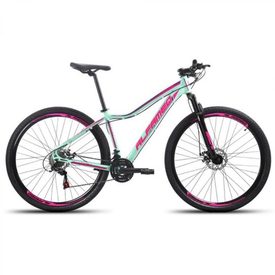 Bicicleta Aro 29 Alfameq Pandora Feminina Alumínio 21v Freio a Disco Garfo Suspensão - Verde/Rosa