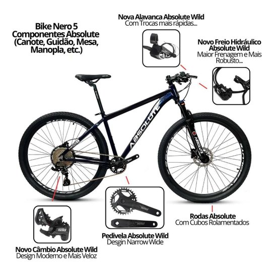 Bicicleta Aro 29 Nero 5 Peças Inteira Absolute 12v Freio Hidráulico k7 11/52 Garfo Trava Pneu Faixa