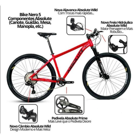 Bicicleta Aro 29 Nero 5 Peças Inteira Absolute 12v Hollowtech Garfo Trava Remota k7 Freio Hidráulico