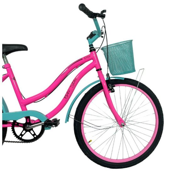 Bicicleta Infantil Aro 24 Cesta Feminina Azul / Rosa Neon
