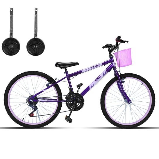 Bicicleta Infantil Aro 24 Com Cestinha e Rodinhas 18 Marcha