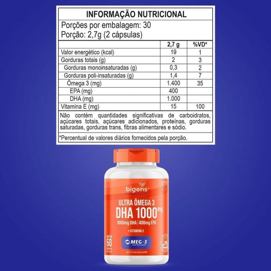 BIGENS ULTRA ÔMEGA 3 DHA 1000 MEG-3 + VITAMINA E 60 CAPS