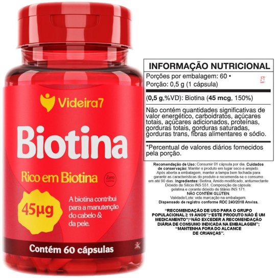 BIOTINA 45MCG 150% DA IDR 1 CÁPSULA AO DIA 60 CÁPSULAS – VIDEIRA7