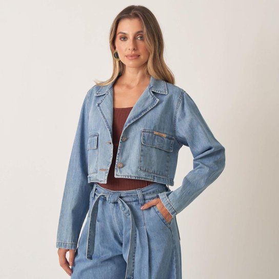 Blazer Jeans Cropped Com Bolso Cargo Feminino