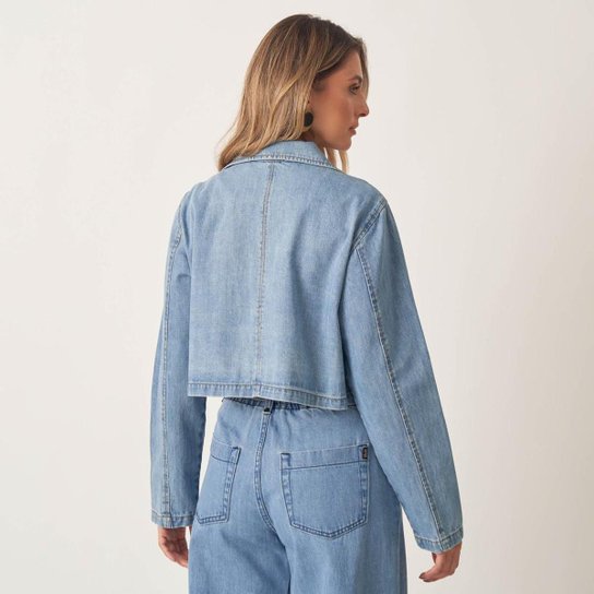Blazer Jeans Cropped Com Bolso Cargo Feminino