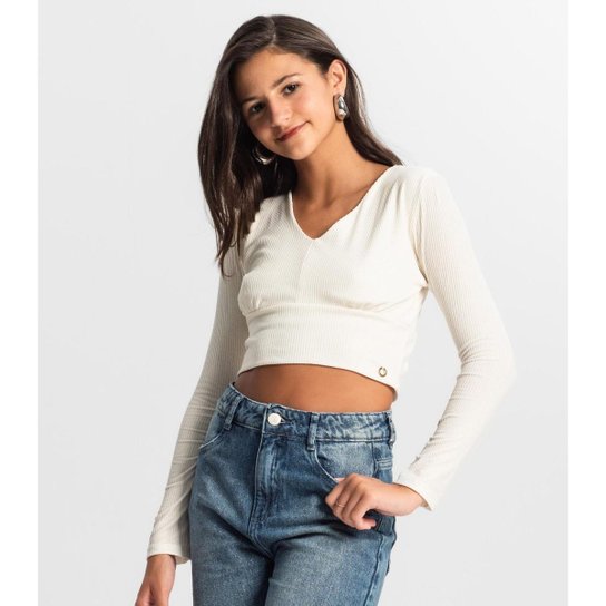 Blusa Cropped Juvenil Manga Longa Minty