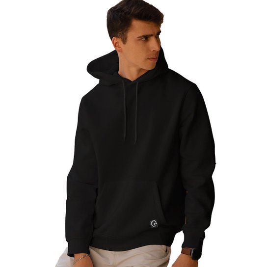 Blusa de Moleton Masculina Preta Básica Canguru Flanelado Premium