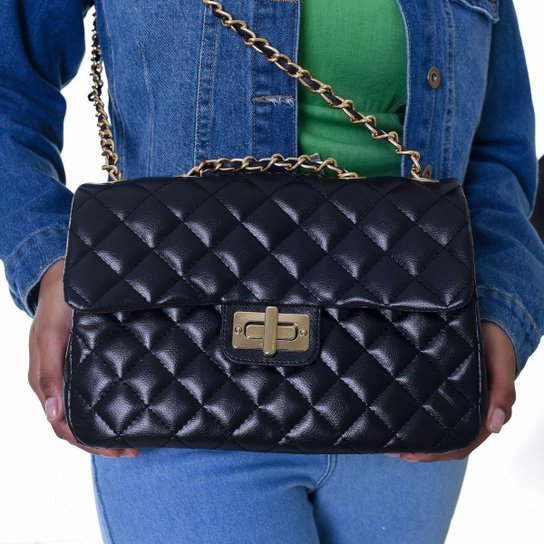 Bolsa Feminina Transversal Baú Maria Milão de Ombro e de Mão Matelasse Preta