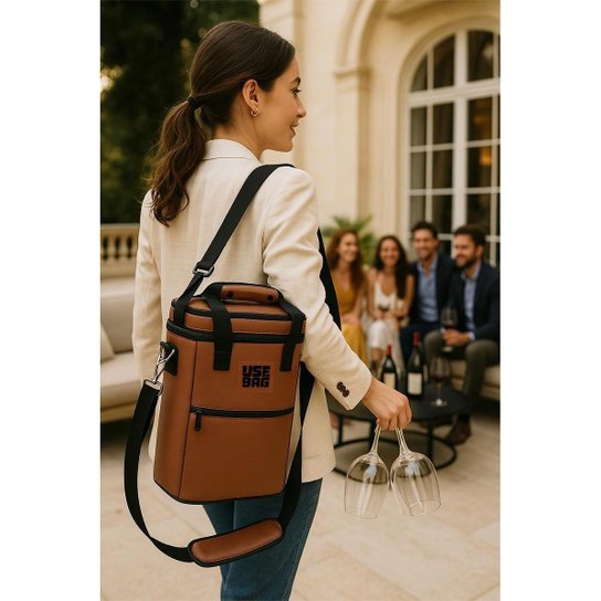 Bolsa Térmica Vinho Grande Couro Impermeável Bebidas Alça de Ombro