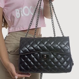 Bolsa Transversal Maria Milão Matelassê Alça Corrente Média Cor Preto