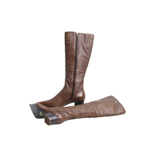 Bota Feminina Bico Fino Cano Longo Couro Salto 4 Cm Camel Spinelli