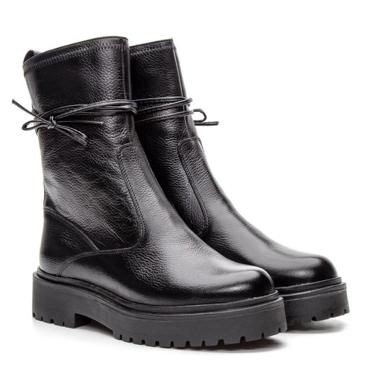 Bota Feminina Cano Curto Tratorada Conforto Casual Em Couro