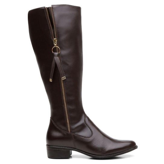 Bota Montaria Couro Feminino Cano Alto Zíper Lateral Moda Inverno Elegante Salto Baixo