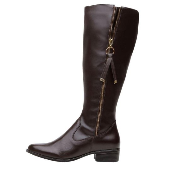 Bota Montaria Couro Feminino Cano Alto Zíper Lateral Moda Inverno Elegante Salto Baixo