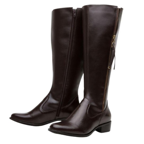 Bota Montaria Couro Feminino Cano Alto Zíper Lateral Moda Inverno Elegante Salto Baixo