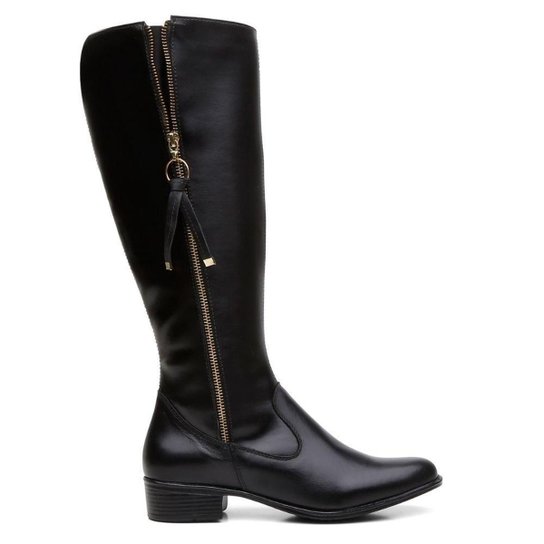 Bota Montaria Couro Feminino Cano Alto Zíper Lateral Moda Inverno Elegante Salto Baixo