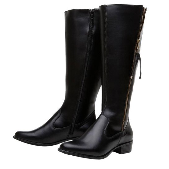 Bota Montaria Couro Feminino Cano Alto Zíper Lateral Moda Inverno Elegante Salto Baixo