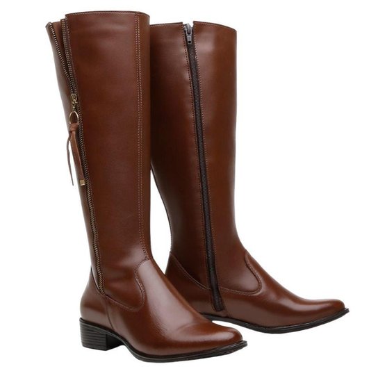 Bota Montaria Couro Feminino Cano Alto Zíper Lateral Moda Inverno Elegante Salto Baixo