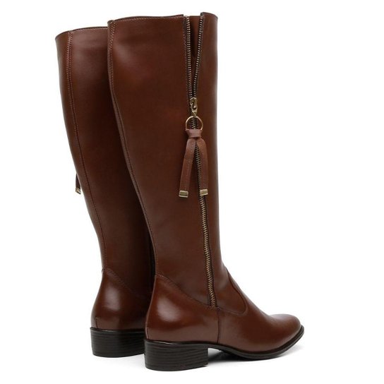 Bota Montaria Couro Feminino Cano Alto Zíper Lateral Moda Inverno Elegante Salto Baixo