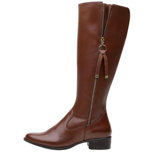 Bota Montaria Couro Feminino Cano Alto Zíper Lateral Moda Inverno Elegante Salto Baixo