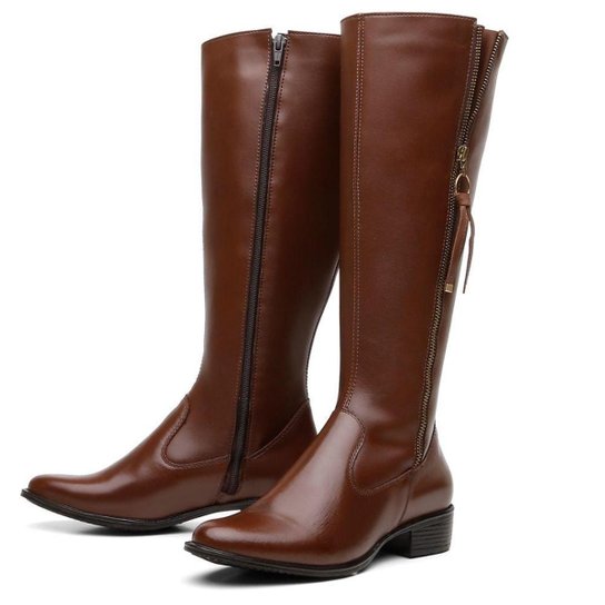 Bota Montaria Couro Feminino Cano Alto Zíper Lateral Moda Inverno Elegante Salto Baixo