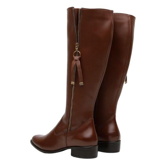 Bota Montaria Couro Feminino Cano Alto Zíper Lateral Moda Inverno Elegante Salto Baixo