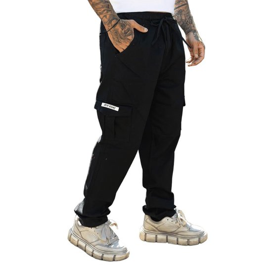 Calca Cargo Boca Larga Skate Jeans Sarja Streetwear Masculino Feminino Unissex Preto