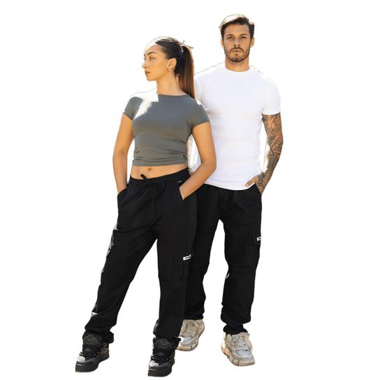 Calca Cargo Boca Larga Skate Jeans Sarja Streetwear Masculino Feminino Unissex Preto