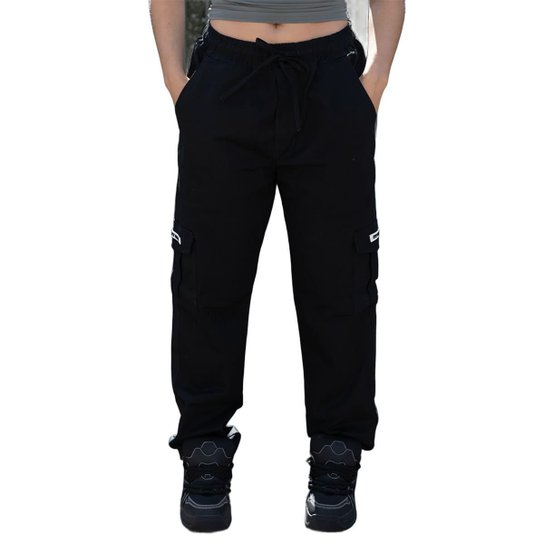 Calca Cargo Boca Larga Skate Jeans Sarja Streetwear Masculino Feminino Unissex Preto