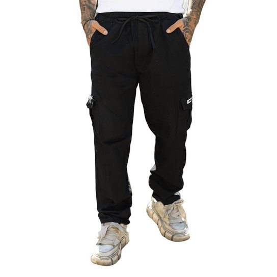 Calca Cargo Boca Larga Skate Jeans Sarja Streetwear Masculino Feminino Unissex Preto