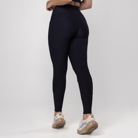 Calça Legging Fitness Feminina Textura Canelado Bolso Poliamida
