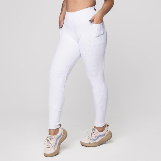 Calça Legging Fitness Feminina Textura Canelado Bolso Poliamida