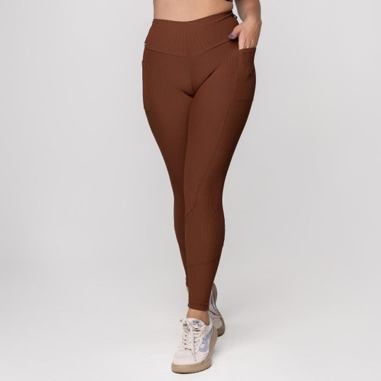 Calça Legging Fitness Feminina Textura Canelado Bolso Poliamida
