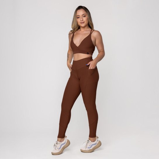 Calça Legging Fitness Feminina Textura Canelado Bolso Poliamida