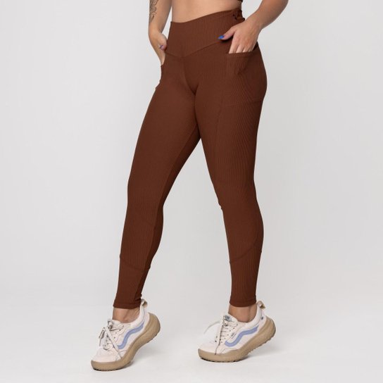 Calça Legging Fitness Feminina Textura Canelado Bolso Poliamida