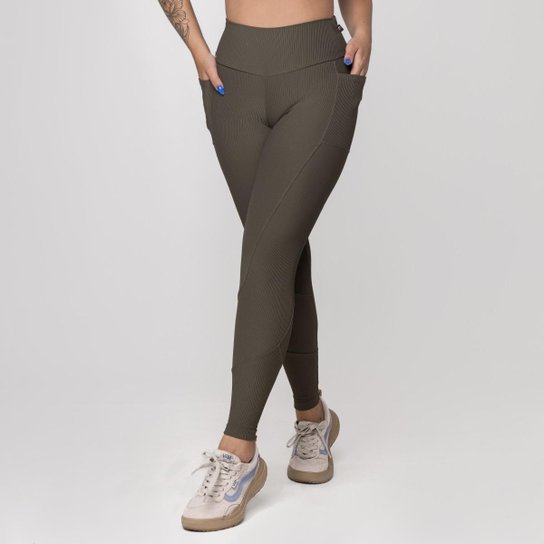 Calça Legging Fitness Feminina Textura Canelado Bolso Poliamida