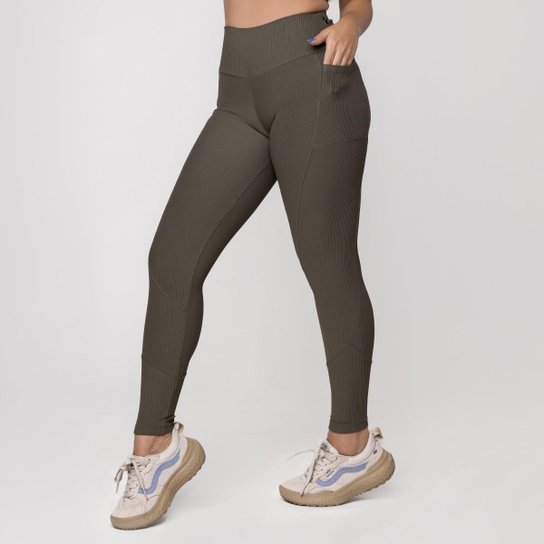 Calça Legging Fitness Feminina Textura Canelado Bolso Poliamida