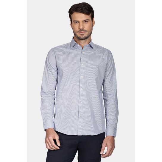 Camisa Aramis Slim Micro Xadrez Branco Com Azul Médio