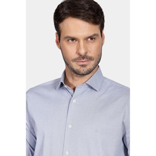 Camisa Aramis Slim Micro Xadrez Branco Com Azul Médio